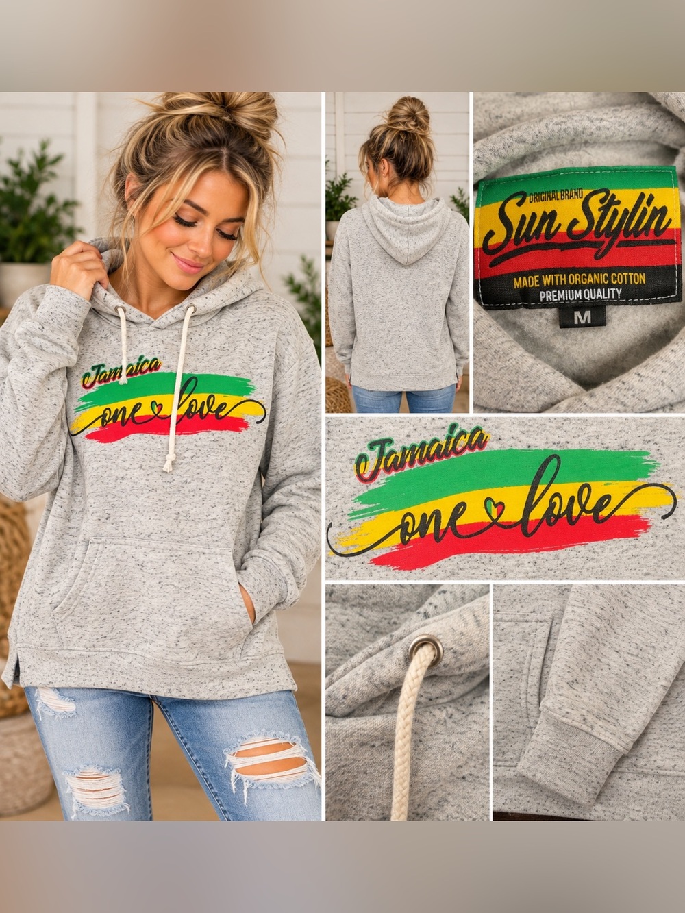 Sun Stylin Jamaica One Love Rasta Graphic Hoodie Organic Cotton Size M